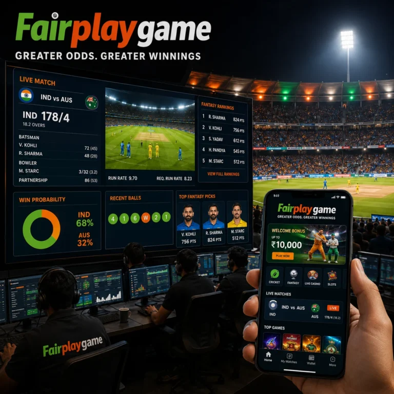 Live cricket match analysis and fantasy cricket dashboard on Fairplaygame Cricket Center.webp