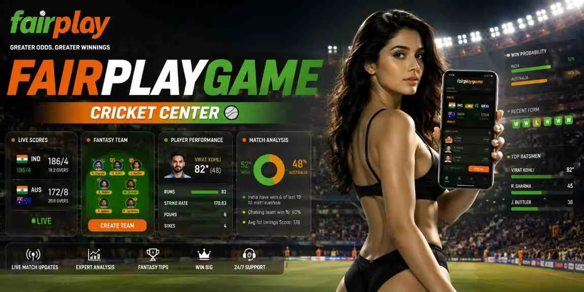 Fairplaygame Cricket Center dashboard with live cricket updates, fantasy picks, and FairplayID access.webp