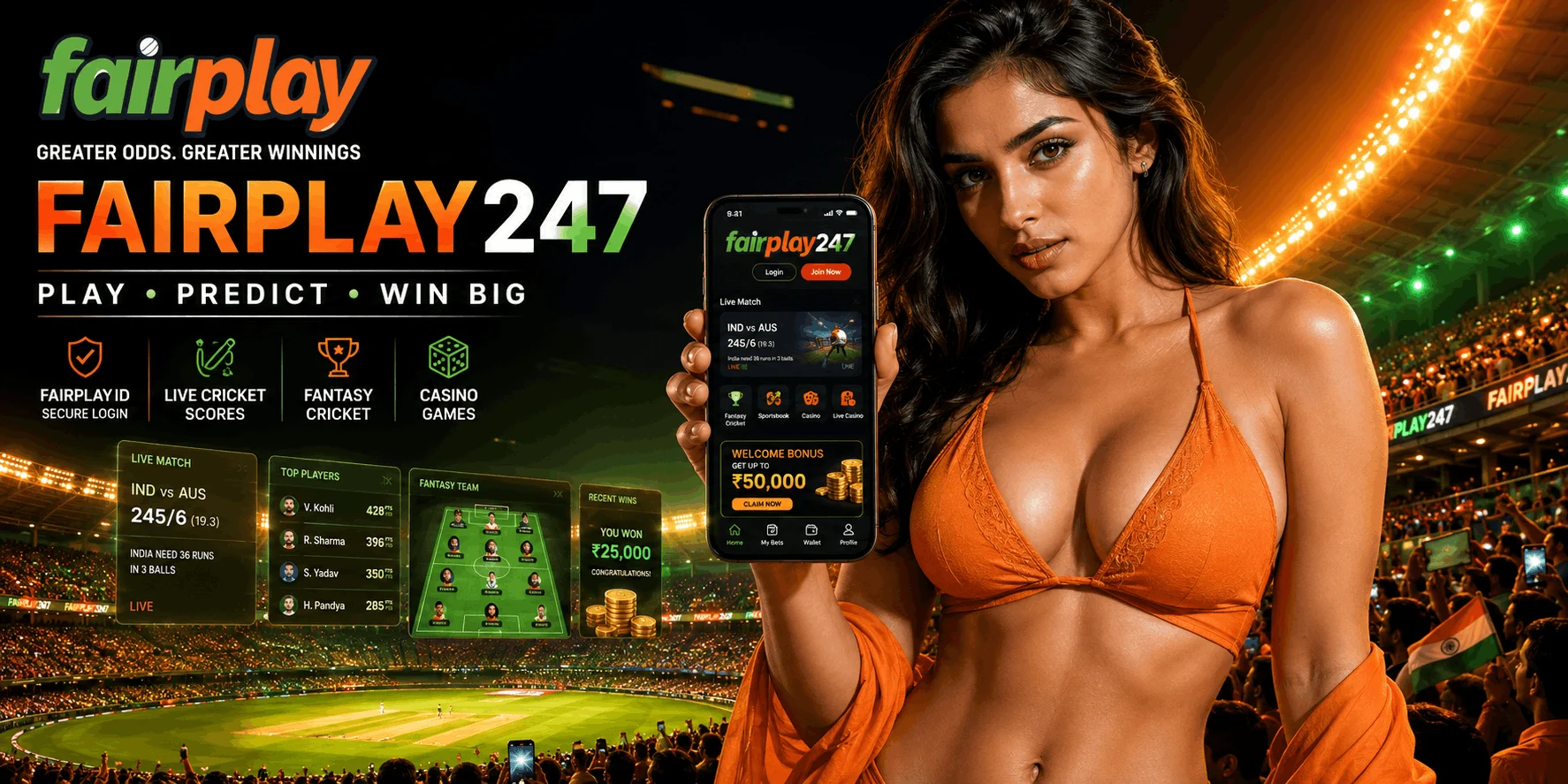 Fairplay247 online gaming dashboard with FairplayID login and live sports updates.
