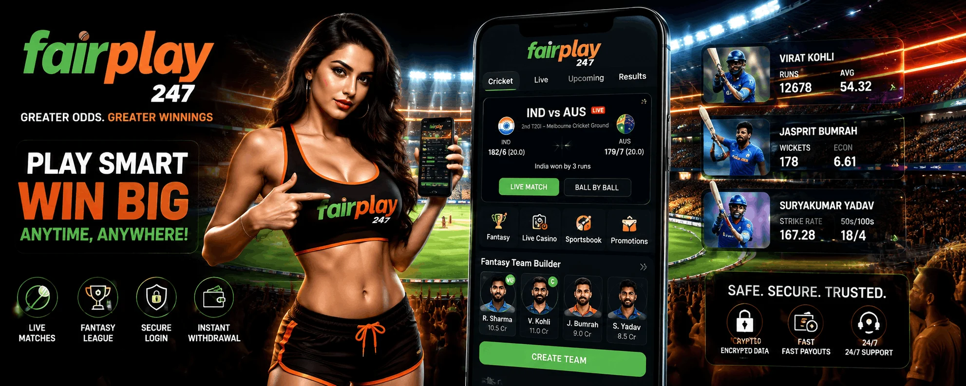 Fairplay247 digital gaming dashboard with live cricket updates and FairplayID access