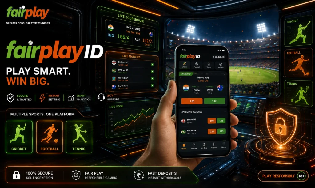 FairplayID ecosystem displaying live sports, secure betting dashboard, and multiple sports markets
